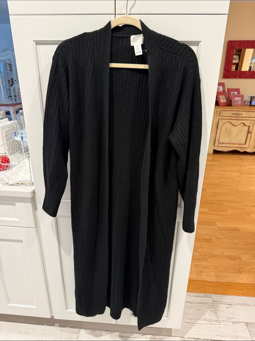 H&M Black Long Open-Front Ribbed Cardigan